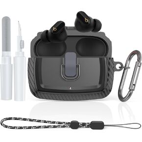 Secure Lock Case for Beats Studio Buds (2021) / Beats Studio Buds + Case Cover (2023), WOFRO Shockproof Protective Skin for Beats Studio Buds Plus with Cleaner kit &Lanyard& Keychain (Black)