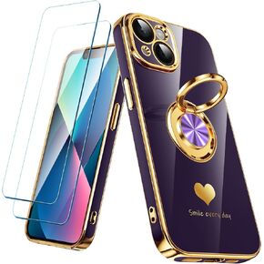 Compatible for iPhone 13 Case with 2 Pack Screen Protector, 360° Rotatable Ring Holder [Luxury Hearts Pattern] Plating Gold Edge Slim Soft Phone Cover Case for iPhone 13 - Purple