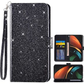 Asuwish Phone Case for Samsung Galaxy Z Fold 2 5G 2020 with Glitter Wallet Cover Flip Card Holder Slot Stand Kickstand Rugged Folio Cell Accessories Gaxaly ZFold2 Z2 Fold2 ZFold25G Women Men Black