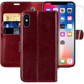 MONASAY Wallet Case Compatible for iPhone Xs MAX, 6.5-inch, [Glass Screen Protector Included] [RFID Blocking] Flip Folio Leather Cell Phone Cover with Credit Card Holder, Burgundy