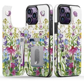 Goodon for iPhone 14 Pro Case Wallet - Flip Folio Leather Cover with Trendy Floral Design, 3 Card Slots & Kickstand Function, Stylish Protective Phone Case for Women and Girls - Blooming Wildflowers