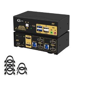 CKLau 2 Port 8K60Hz 4K144Hz Dual Monitor KVM Switch HDMI with Cables, Audio, Microphone, 2 pcs USB 3.0 Peripheral Hub for Keyboard Mouse 2 Computers Sharing 2 Monitors