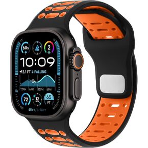 Amizee Sport Bands Compatible with Apple Watch Band 49mm 46mm 45mm 44mm 42mm Men, Soft Silicone Breathable Replacement Strap for iWatch Ultra 2 Series 10 9 8 7 SE 6 5 4 3 2 1, Black/Orange