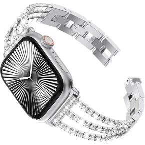 FULLIFE Compatible with Apple Watch Bands for Women, Crystal Diamond Bling Metal Link Bracelet Steel Strap Apple Watch Series 10 42mm, 9/8/7 41mm, SE2/SE/6/5/4 40mm iWatch, 3/2/1 38mm (Silver)