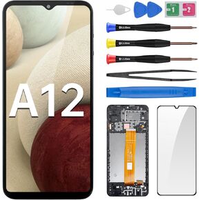 for Samsung Galaxy A12 Screen Replacement LCD Display Touch Digitizer Full Assembly with Frame Side Button Ear Speaker Vibration Motor Glass Repair Tools Kit SM-A125U SM-A125U1