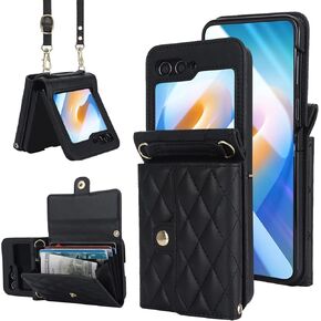 for Samsung Galaxy Z Flip 6 Wallet Case with Card Holder, Crossbody Wallet Leather Handbag with RFID Blocking Detachable Lanyard Magnetic Flip Case for Galaxy Z Flip6 5G (Black)