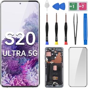 AMOLED Screen Replacement for Samsung Galaxy S20 Ultra 5G OLED Display Touch Digitizer Full Assembly with Cosmic Black Frame and Side Button Glass Repair Tools Kit SM-G988U SM-G988U1