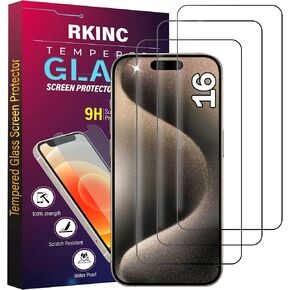 RKINC Screen Protector [3-Pack] for iPhone 16, Tempered Glass Film Screen Protector, 0.33mm [LifetimeWarranty][Bubble-Free][Anti-Scratch][Anti-Shatter]