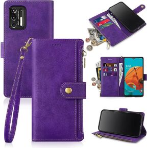 ATTSTURDY متوافق مع Motorola Moto G Stylus 2021 Wallet Case with Card Women Men Phone Case Rfid Flocking Pu Leather Cover Cover Slots Slots zipper Slots ، Purple