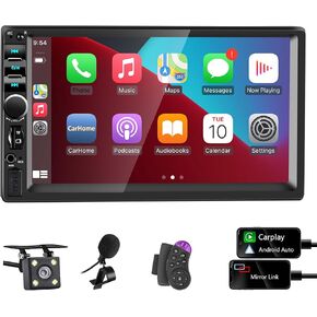 Double Din Car Stereo with Apple Carplay & Android Auto,7 Inch Touchscreen Car Radio, Bluetooth,FM,Backup Camera,Voice Control，AM/FM/USB/AUX/TF/SWC