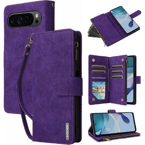 LBYZCASE Phone Case for Google Pixel 9/Pixel 9 Pro 5G 2024 with RFID Blocking Credit Card Holder and Wrist Strap,Flip Folio Leather Wallet Protective Cover for Pixel 9 Pro,Wine Red