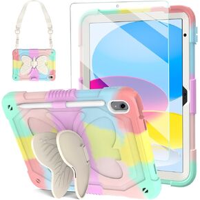 BLOSOMEET Cute Pink iPad 10th Generation Case for Kids Girls 2022 10.9 Inch with Tempered Glass Screen Protector & Stand, Kawaii Butterfly Cover for iPad 10th Gen w/Pencil Holder Shoulder Strap