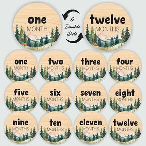 Newborn Photography Props - Baby Announcement & Monthly Milestone Signs - 6 Double-Sided Mountain Design Wooden Discs for Baby Photoshoots
