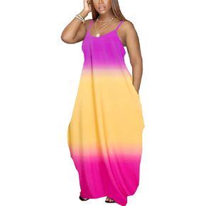 DvaeMalligo Women's Casual Maxi Dresses Summer Sexy Stripe Long Floor Length Sleeveless Colorful Sundresses Plus Size