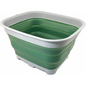 SAMMART 15L (3.9 Gallon) Collapsible Dishpan with Draining Plug - Foldable Washing Basin - Portable Dish Washing Tub - Camping & Space Saving Kitchen Storage Tray (Grey/Dark Sea Green)