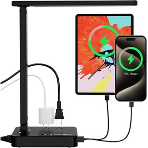 Power Strip with LED Desk Lamp, 2 Outlets 2 USB Ports(A+C) 3 Modes 3 Level Touch Lamp Small Desk Lamp for Home Office Bedroom Bedside, Study Reading Light, 5ft Extension Cord, Dorm Room Essentials