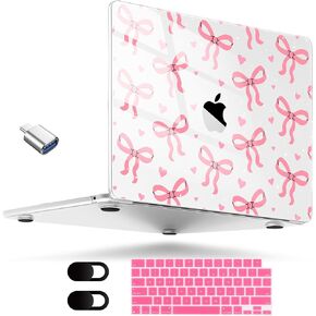 MEEgoodo for MacBook Air 15 inch Case (M4/M3/M2) 2025 2024 2023, Cover Fit Model(A3241/A3114/A2941) for 15.3-inch Laptop, Clear Shell with TPU Keyboard & Webcam Cover, White & Pink Bows in Saudi Arabia