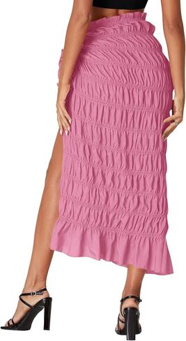 Umenlele Women's Smocked Ruched Tie Knot Ruffle Beach Sarongs Swimsuit Cover Up Split Maxi Skirt in Saudi Arabia