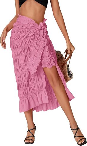 Umenlele Women's Smocked Ruched Tie Knot Ruffle Beach Sarongs Swimsuit Cover Up Split Maxi Skirt in Saudi Arabia
