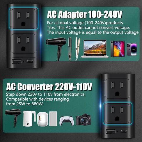 محول 220 فولت إلى 110 فولت للسفر الأوروبي ، 220 إلى 110 محول الجهد إلى أوروبا مع 1 USB C و 1 USB A ، محول محول محول سفر عالمي مع النوع A C G I ... in Kuwait