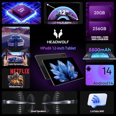 Headwolf Android 14 Tablet 12 Inch ، HPAD6 HELIO G99 OCTA CORED Android Tablet ، 20 جيجابايت ذاكرة الوصول العشوائي in Kuwait