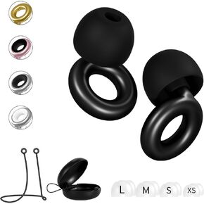 Ear Plugs for Sleeping with Cord, Concerts, Musicians, Snoring, Work & Travel Reusable Silicone Earplugs for Noise Reduction and Sound Blocking (Black, Large, Medium, Small, Extra Small)