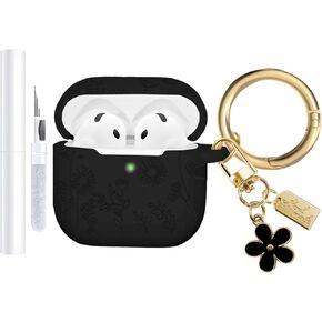 Flower Engraved Case Compatible with AirPods 4 (2024), Soft Silicone for 4th Generation with Cute Flower Keychain and Cleaning Kit for Girls Women (White)