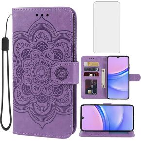 Case for Galaxy A15, Samsung A15 SM-A156U Wallet Case with Tempered Glass Screen Protector, Mandala Leather Flip Credit Card Holder Stand Phone Cover Cases for Samsung Galaxy A15 Purple