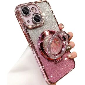 Glitter Kickstand Case for iPhone 15, Luxury Bling Sparkly Diamond Rhinestone with Camera Lens Protector Liquid Flowing Ring Stand TPU Bumper Slim Women Girls Case for iPhone 15 6.1" (Pink)