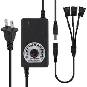 UMLUFE 12V Fan Power Supply,PC Fan Speed Controller,100-240vAC to 3-12vDC 24W Adjustable Fan Power Adapter,with Fan Splitter Cable,DC Female to 2 x 3/4 Pin