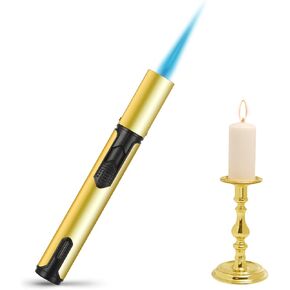 Torch Lighter Windproof Jet Flame Lighter, Refillable Butane Long Pen Shape Lighters with Gas Window, Versatile Kitchen Outdoor Candle Baking BBQ Grill Torch, Pack (Butane NOT Included) (Gold)