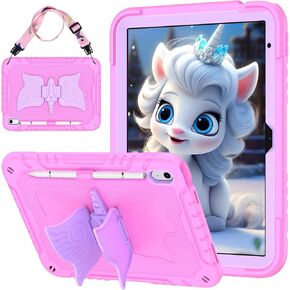 for iPad 10th Generation 2022 Case, iPad 10.9 Cover with Stylus Pencil& Shoulder Straps& Unicorn Stand, Fully-Body Rugged Heavy Duty Shockproof, Cute Tablet Case for Kids Girls (Pink)