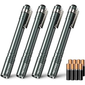 RECHOO LED Pen Light 4 Pack, Lightweight, Small Bright Pen Flashlight with Clip, Waterproof Portable Pocket Flashlight for Home, Emergencies, Inspection, Grey (Battery Included)
