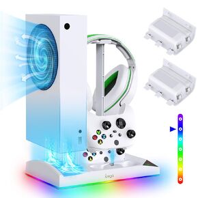 Gorixer Charging & Cooling Fan Stand for Xbox Series S, Dual Controller Charger Station & Cooler System with 15 LED Light Modes, Headset Hook,USB C Cable, Accessories for XSS with 2x1400mAh Batteries (Snow-White)