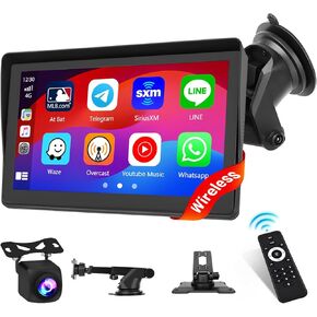 Hikity Wireless Apple Carplay Android Auto Portable Car Stereo 7 Inch Touchscreen Car Screen with Airplay, Voice Control, Bluetooth, FM, USB/TF/Av Input, Dash and Windshield Mount, Backup Camera