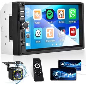 Hikity 7 Inch Double Din Car Stereo with Carplay Android Auto, Touch Screen Car Radio Bluetooth 5.1, Mirror Link, EQ, FM, AUX/TF/USB Input, Mic, Backup Camera