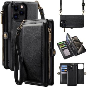 MInCYB for iPhone 16 Pro Wallet Case with Card Holder (10+ Card Slots) - PU Leather Case for Women & Men, Wireless Charging, Detachable Magnetic, Crossbody Strap, Shockproof Protective Phone Cover.