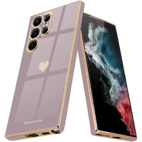 Teageo for Samsung Galaxy S22 Ultra 5G Case for Women Girl Cute Love-Heart Luxury Soft Back Cover Raised Full Camera Protection Bumper Silicone Shockproof Phone Case for Galaxy S22 Ultra, Lavender