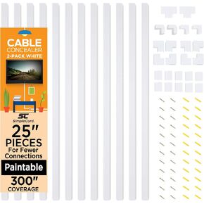 Simple Cord Cable Concealer On-Wall Cord Covers - 12, 25" Raceways – 300" Total Cable Management System Hides Cables, Cords, Wires for Wall TVs, Computers – White