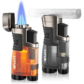 LcFun Torch Lighters 2 Pack Adjustable Triple Concentrated Torch Flame Butane Lighter, Refillable Windproof Pocket Lighter with Punch Cutter (Butane Gas Not Included)
