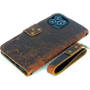 JJNUSA Leather Case Compatible with iPhone 16 Pro Max 6.9" Handmade Genuine Distressed Leather Wallet Case Flip Cover with Wristlet Brown