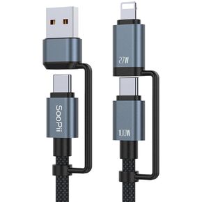 SOOPII 100W 4FT Multi USB C Charging Cable,4 in 1 C/A to C/IP Fast Charger Cable,PD 5A Nylon Braided Multiple Charging Cord for Phones,Tablets,Laptops and More (Black)