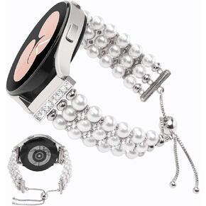 Watch Band Compatible for Samsung Galaxy Watch 7 6 5 4 44mm/40mm, Watch 6 Classic 47mm/43mm, Active 2, 20mm Replacement Bling Pearl Cute Bracelet Wristband Strap for Women