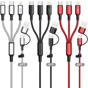 Multi Charging Cable 3Pack-6ft, Multi USB Cable Braided 6 in 1 Multiple Phone Charger Cable Universal USB A/C Charging Cable to Lightning/Type C/Micro USB Port for Cell Phone (Gray,Black,Red)