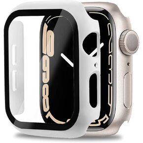 Miimall Compatible for Apple Watch Series 8 41mm Case with Screen Protector Anti-Scratch Shockproof Hard PC and Tempered Glass Film Bumper Case for Apple Watch Series 8 Series 7 41mm(White)