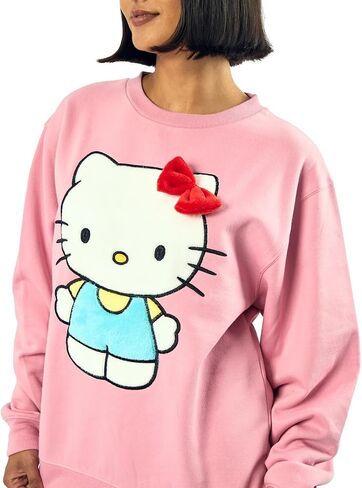 Hello Kitty Big Face Plush Character Women's Pink Crew Neck Long Sleeve Oversized Fleece Sweatshirt in Saudi Arabia