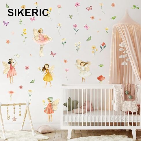 Watercolor Fairy Wall Decals, Removable Butterfly Flower Mushroom Stickers, Vinyl Floral Girl Murals, Peel and Stick Fairy Decor for Nursery, Baby Bedroom, Living Room, Playroom in Saudi Arabia