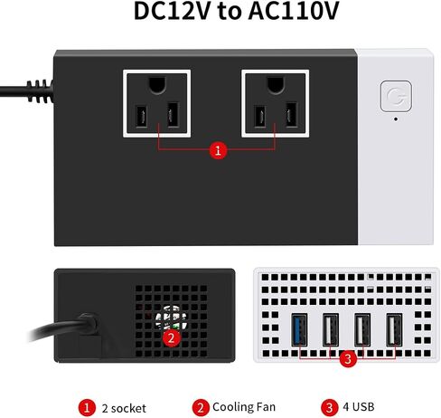 Sunwheel 200W Car Power Inverter ، DC 12V to 110V AC Car Plug Adapter Outlet مع شاحن USB-fast (20W) 、 20W USB-A و Dual AC Outlet ، 4 منافذ USB ، شاحن سيارة للكمبيوتر المحمول 、 الهاتف ، إلخ in Kuwait
