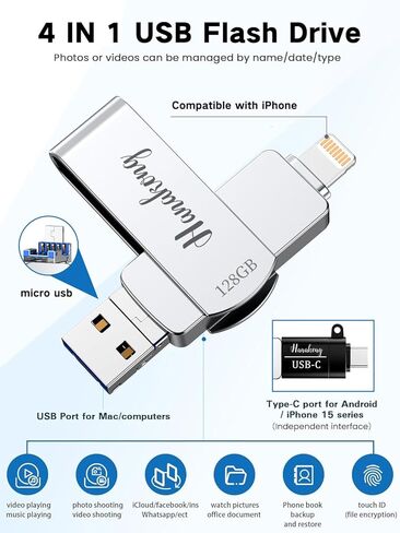 128GB Flash Drives for Phone, iPhone Memory Storage Stick for Photos and Videos, Compatible with iPhone iPad Android PCs, No App Required Plug & Play (Silver) in Saudi Arabia