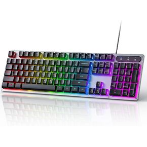 OMOTON Wired Gaming Keyboard, Full Size Keyboard, 26 Anti Ghosting Keys, LED Backlit, 12 Multimedia Keys, Silent Membrane Gaming Keyboard for PC, Desktop, Computer, Black